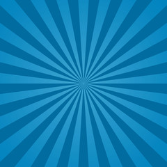 Blue sunburst background. Abstract texture with starburst. Blue sun rays background. Bright beams pattern. Gradient radial stripes. Light summer sky with sparkle for art. Retro style. Vector
