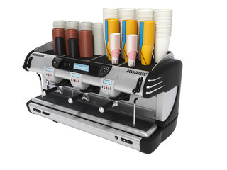 3D rendering concept of the sale of coffee with professional coffee machine on three horns isolated on white background no shadow