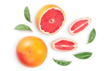 Grapefruit and slices with leaves isolated on white background. Top view. Flat lay. With clipping path and full depth of field