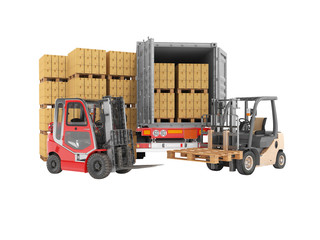 3d rendering group of forklift truck loading boxes on pallets into truck on white background no shadow