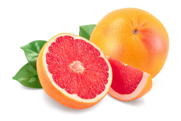 Grapefruit and slice with leaves isolated on white background. With clipping path and full depth of field