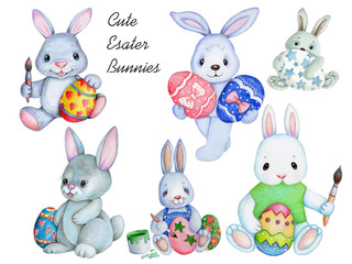 Set collection clipart of cute watercolor easter bunnies rabbits hares. Hand drawn