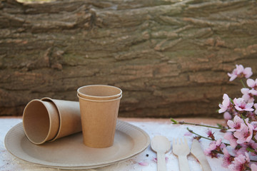 eco paper utensils on green grass. Summer sunny day with disposable tableware for a picnic. Zero plastic. The concept of saving the planet.