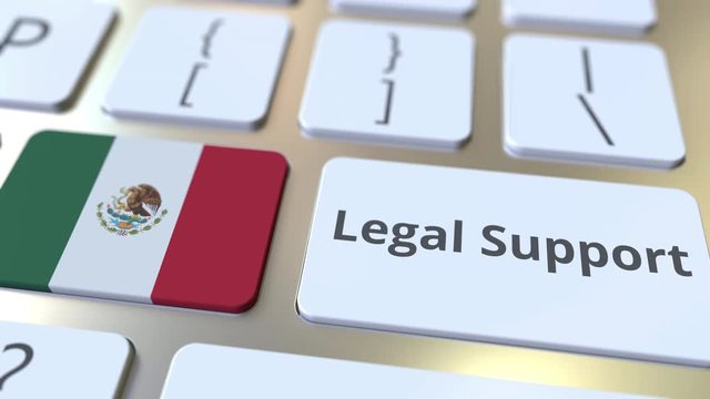 Legal Support text and flag of Mexico on the computer keyboard. Online legal service related 3D animation