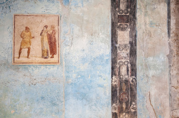 Ancient fresco in the atrium of the Casa di Casca Longus (also known as the Casa dei Quadretti Teatrali), Pompeii, Italy