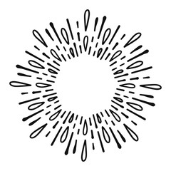 Sunburst doodle line art. Hand drawn water splash, round banner with circle explosion. Retro sketch radial rays, black frame isolated on white background. Handmade design element