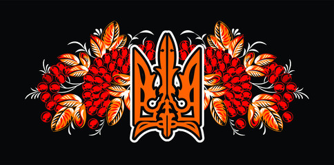 Vector coat of arms of Ukraine on the background of branches and berries of viburnum
