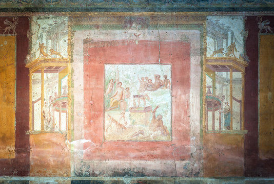 Ancient fresco in the Macellum of Pompeii, Italy