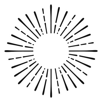 Sunburst doodle line art. Hand drawn sun burst, round banner with circle explosion. Retro sketch radial rays, black frame isolated on white background. Handmade design element