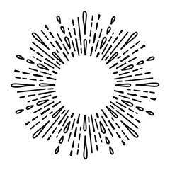 Obraz premium Sunburst doodle line art. Hand drawn water splash, round banner with circle explosion. Retro sketch radial rays, black frame isolated on white background. Handmade design element