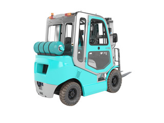 3d rendering of blue forklift with cab rear view on white background no shadow