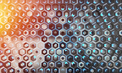 Glowing black blue and orange hexagons background pattern on silver metal surface 3D rendering