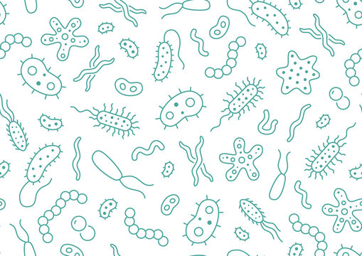 Bacteria, virus, microbe seamless pattern. Vector background included line icons as microorganism, germ, mold, cell, probiotic outline pictogram for microbiology infographic