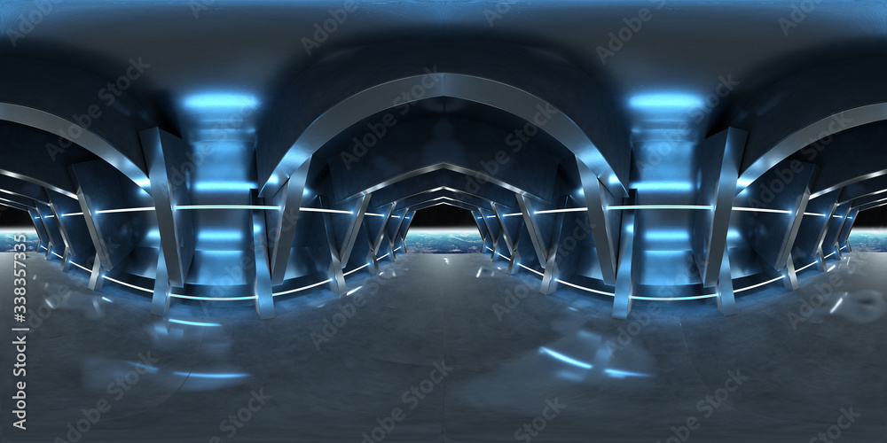 Aufkleber high resolution hdri of a dark blue futuristic interior looking like a spaceship. 360 panorama refle