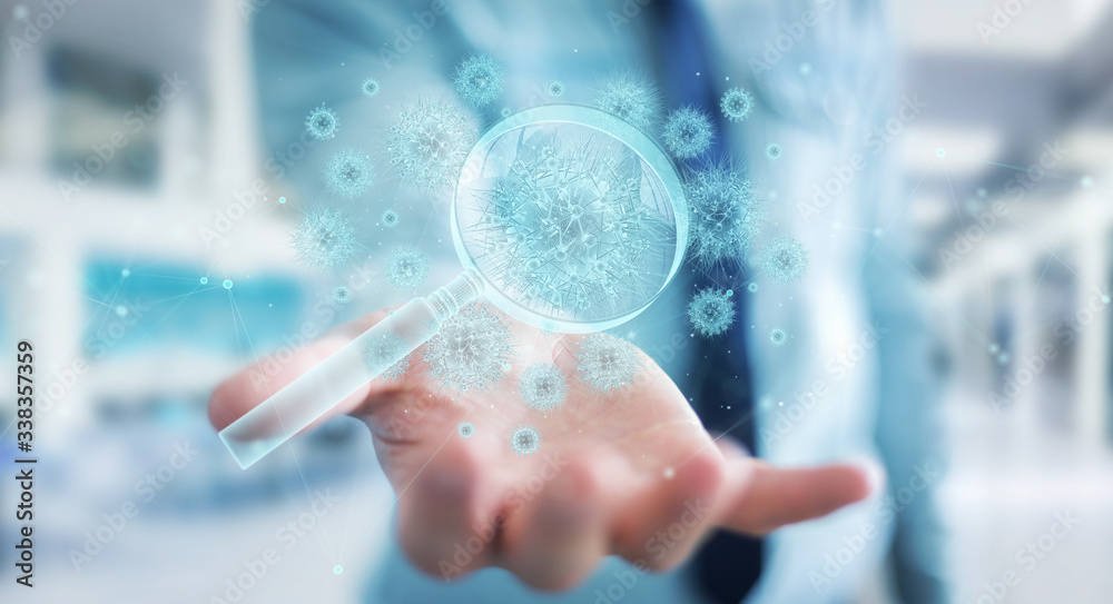 Aufkleber man analyzing holographic coronavirus projection through magnifying glass 3d rendering
