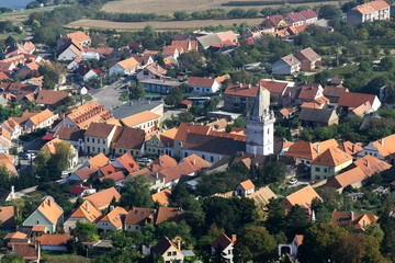 Aerial view of Pavlov village from Devin mountain on banks of Nove Mlyny water reservoir, Breclav district, South Moravia, Czech Republic, sunny summer day