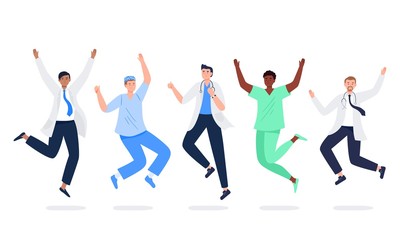 Fototapeta na wymiar Set of happy medicine workers. Multicultural men jumping with raised hands in various poses. Doctors, surgeons, nurses rejoicing together. Characters in vector flat style.