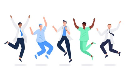 Set of happy medicine workers. Multicultural men jumping with raised hands in various poses. Doctors, surgeons, nurses rejoicing together. Characters in vector flat style.