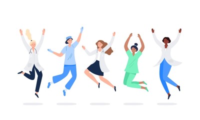 Set of happy medicine workers. Multicultural women jumping with raised hands in various poses. Doctors, surgeons, nurses rejoicing together. Characters in vector flat style.