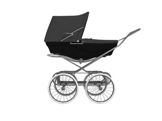3D rendering black baby stroller with trunk in side view white background no shadow