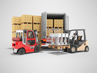 3d rendering group of forklift truck loading medical equipment into truck on gray background with shadow