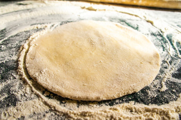 Dough for baking from flour and water for cooking. Rolled pancake