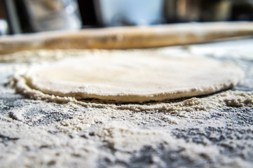 Dough for baking from flour and water for cooking. Rolled pancake