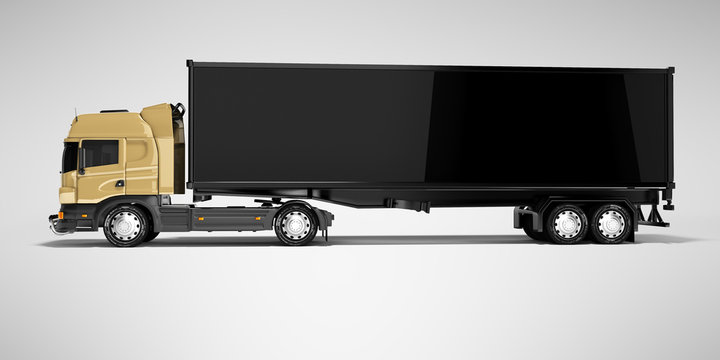 3D rendering brown road freight dump truck with black semi trailer side view isolated on gray background with shadow