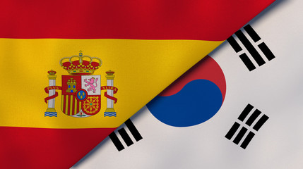 The flags of Spain and South Korea. News, reportage, business background. 3d illustration