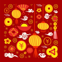 Vector concept chinese new year and red chinese envelope. Hand drawing lanterns, clouds, coins and other traditional elements. Chinese festival illustration.