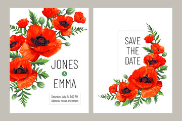 Wedding invitation card. Frame with text and bouquet of flowers - red Poppy (Papaver rhoeas) isolated on white background.