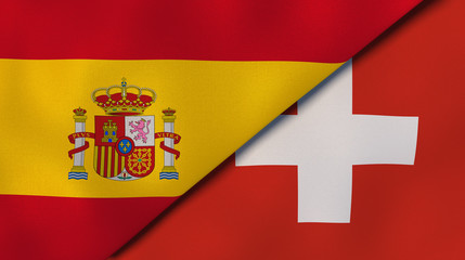 The flags of Spain and Switzerland. News, reportage, business background. 3d illustration