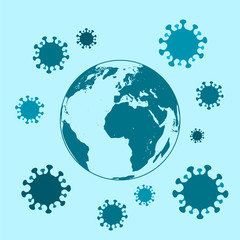 Simple modern vector of coronavirus floating around planet Earth on blue backgound.