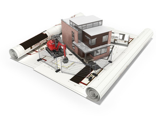 3d rendering concept drawing of cottage house with an excavator and fence on white background with shadow