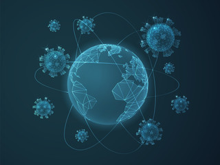 Modern shaded vector of coronavirus floating around planet Earth on blue backgound.
