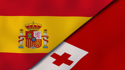 Obraz premium The flags of Spain and Tonga. News, reportage, business background. 3d illustration