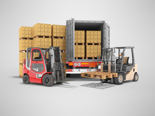 3d rendering group of forklift truck loading boxes on pallets into truck on gray background with shadow