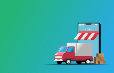 Fototapeta premium Delivery truck online shop vector illustration