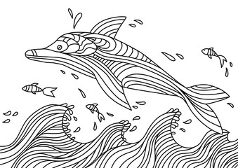 Fairy dolphin and fish in the sea, coloring book for children and adults. Stylish jewelry. Dud and Zen, meditation, relaxation.