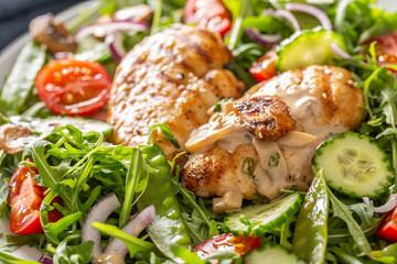Close up of a healthy fresh salad with grilled chicken breasts and mushrooms on a plate