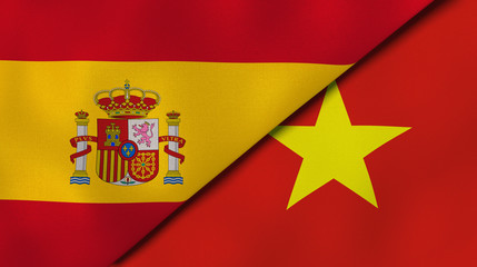 The flags of Spain and Vietnam. News, reportage, business background. 3d illustration