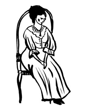 drawing picture lovely young woman in an old dress sitting in an armchair, sketch, hand-drawn ink vintage vector illustration