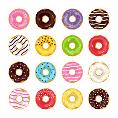 Set of cartoon colorful donuts isolated on white background. Chocolate, glaze covered, pink fast-food sweets desserts. Illustration in flat style