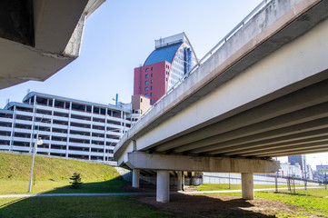 Architectural concrete city automobile bridge. Moscow, Russia - April 14 2020