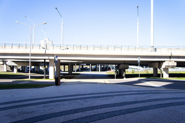 Fototapeta na wymiar Architectural concrete city automobile bridge. Moscow, Russia - April 14 2020