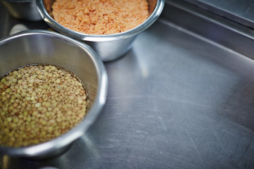 Ingredients in a professional restaurant kitchen ready for cooking
