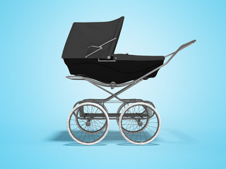 Fototapeta na wymiar 3D rendering black baby stroller with trunk in side view blue background with shadow