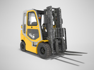 3d rendering of forklift with cab rear view on gray background with shadow