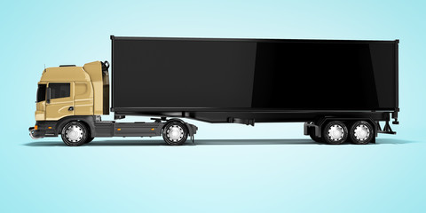 3D rendering brown road freight dump truck with black semi trailer side view isolated on blue background with shadow