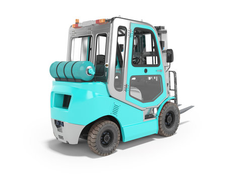 3d rendering of blue forklift with cab rear view on white background with shadow
